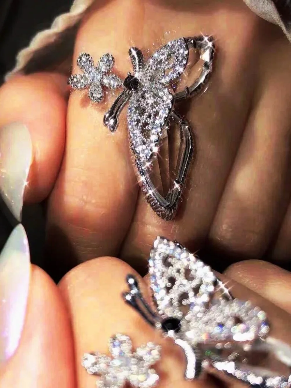 Sparkly Butterfly Ring Sliver Bling Rhinestone Knuckle Rings Adjustable Ring Jew